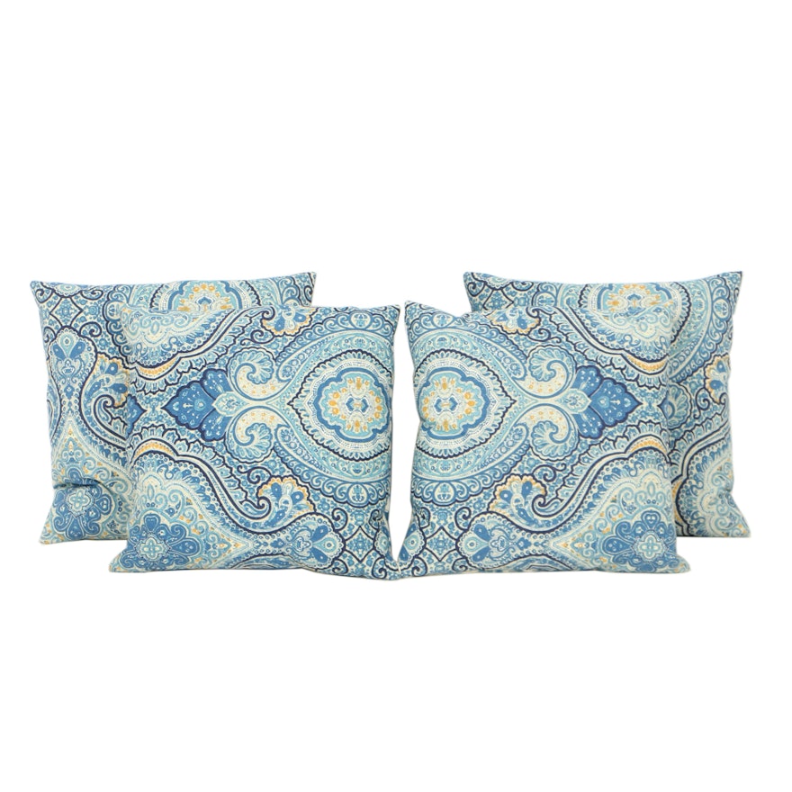 Four Decorative Blue and White Ikat Pattern Feather Filled Pillows
