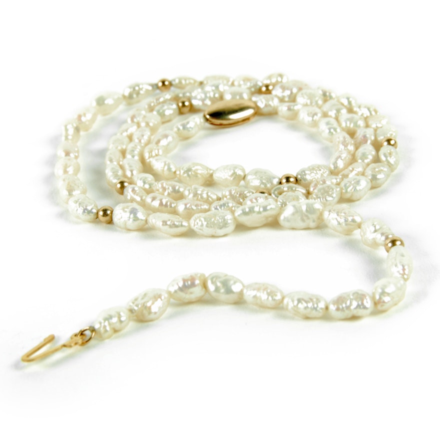14K Yellow Gold Freshwater Pearl and Gold Bead Necklace