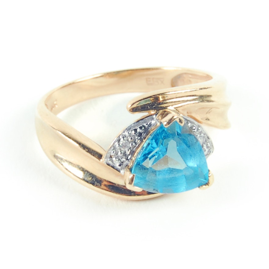 14K Yellow Gold Blue Topaz and Diamond Ring