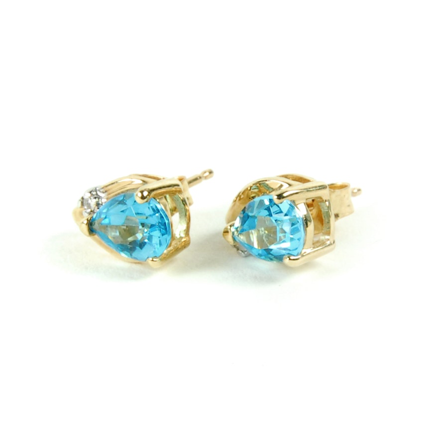 14K Yellow Gold Blue Topaz and Diamond Earrings