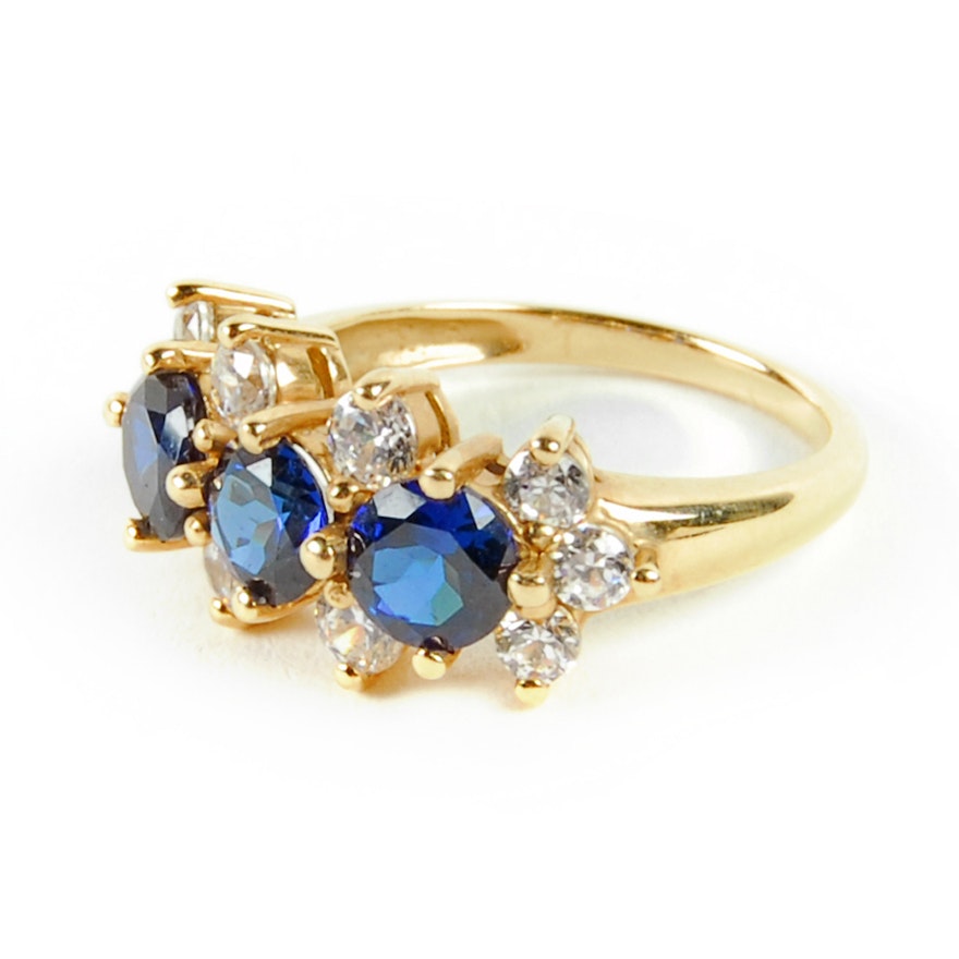 14K Yellow Gold Blue and White Cubic Zirconia Ring