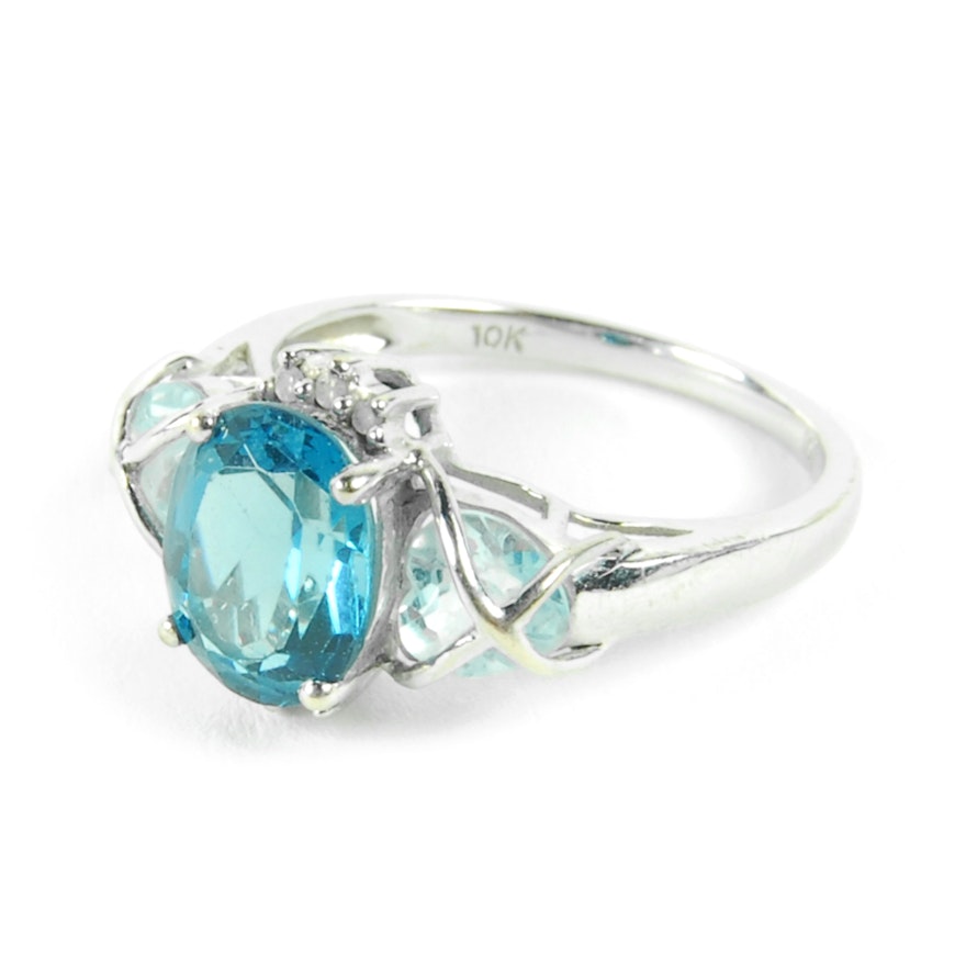 10K White Gold Blue Topaz and Diamond Ring