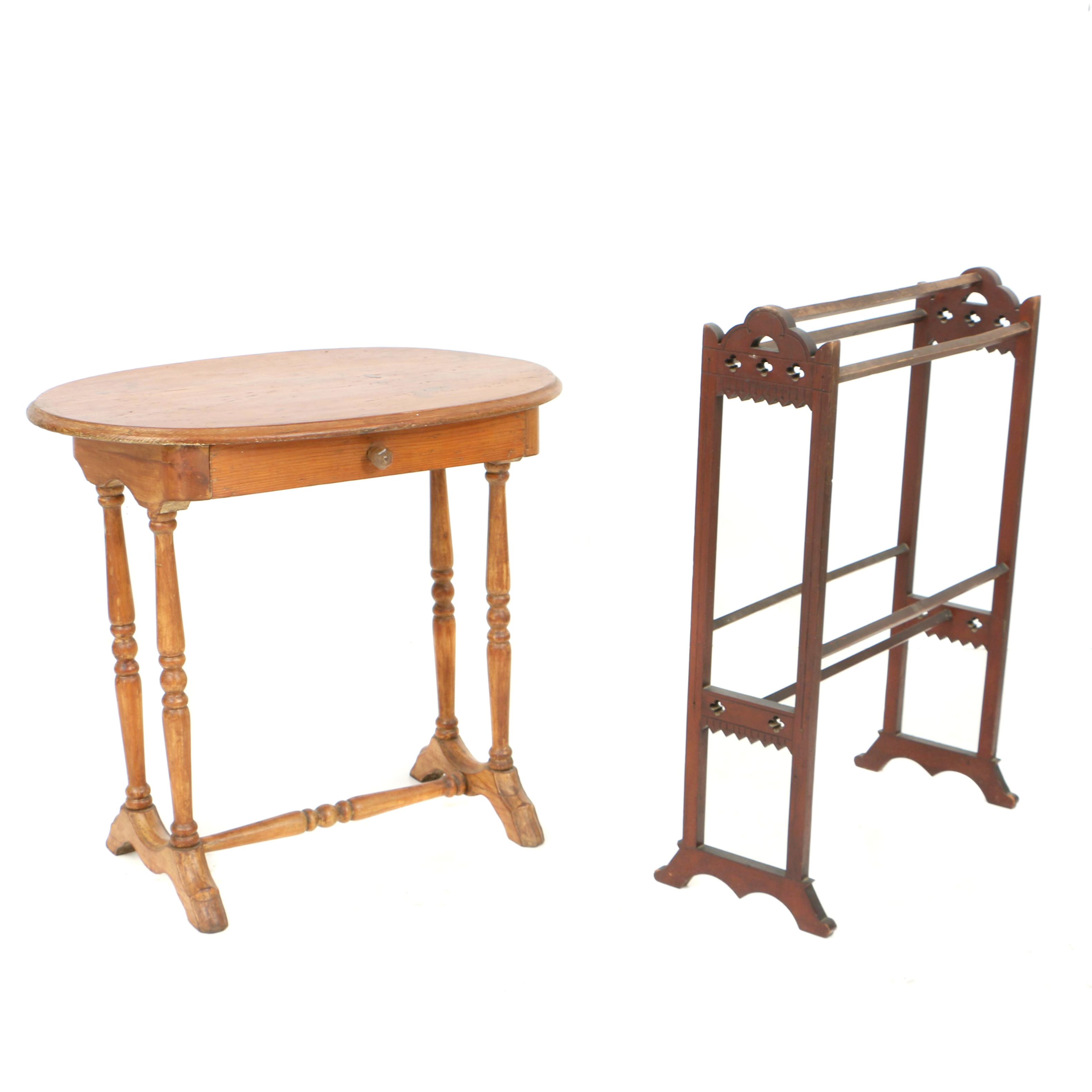 Antique Victorian Gothic Revival Quilt Rack and Pine Trestle Table