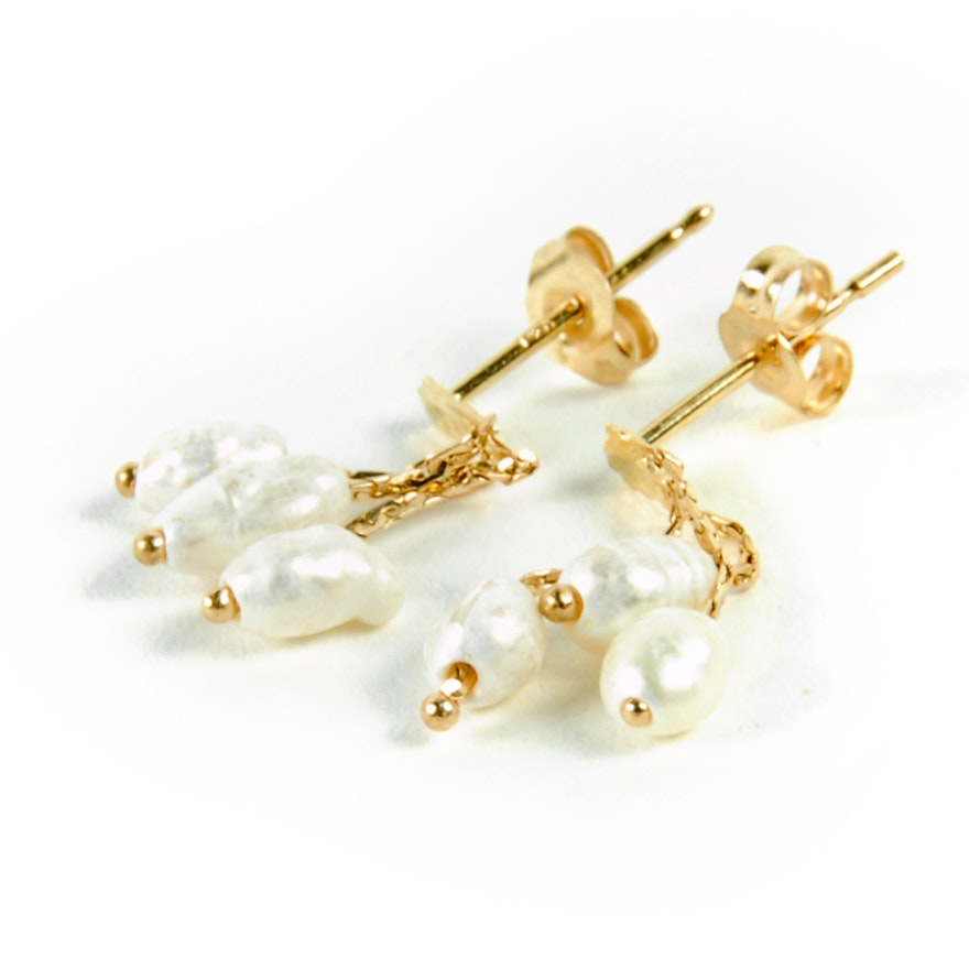 14K Yellow Gold Freshwater Pearl Dangle Earrings