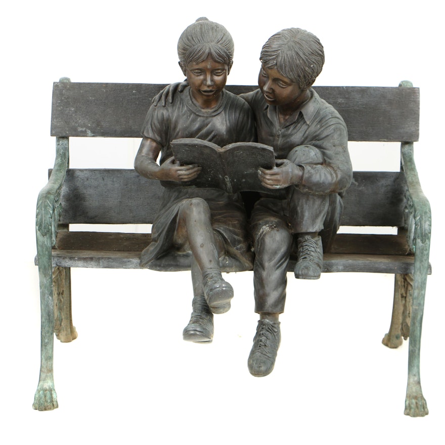 Patinated Leaded Brass Garden Sculpture of Two Children Reading on a Bench