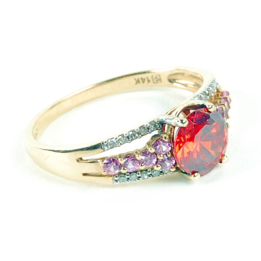 14K Yellow Gold Orange and Pink Sapphire and Diamond Ring