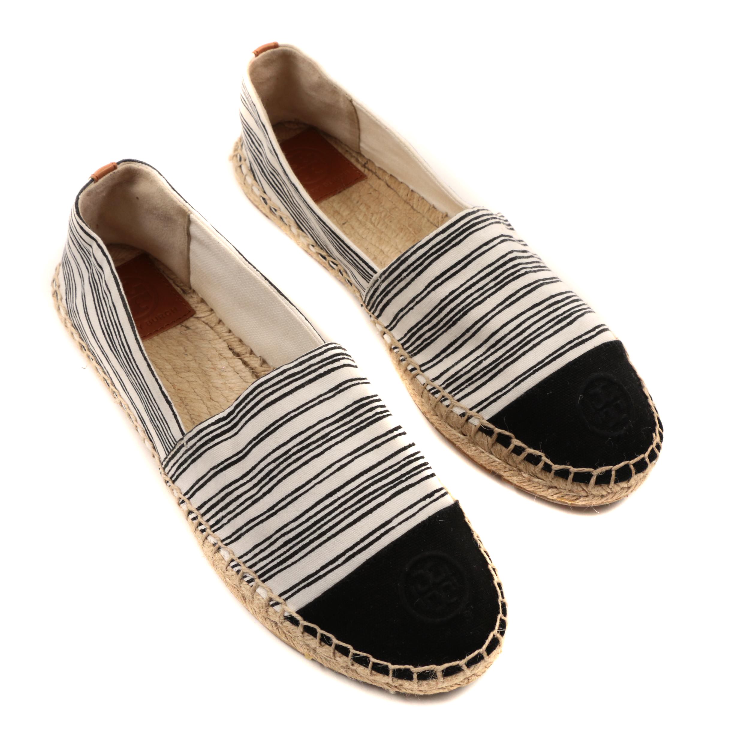 Women's Tory Burch Black and White Striped Espadrilles