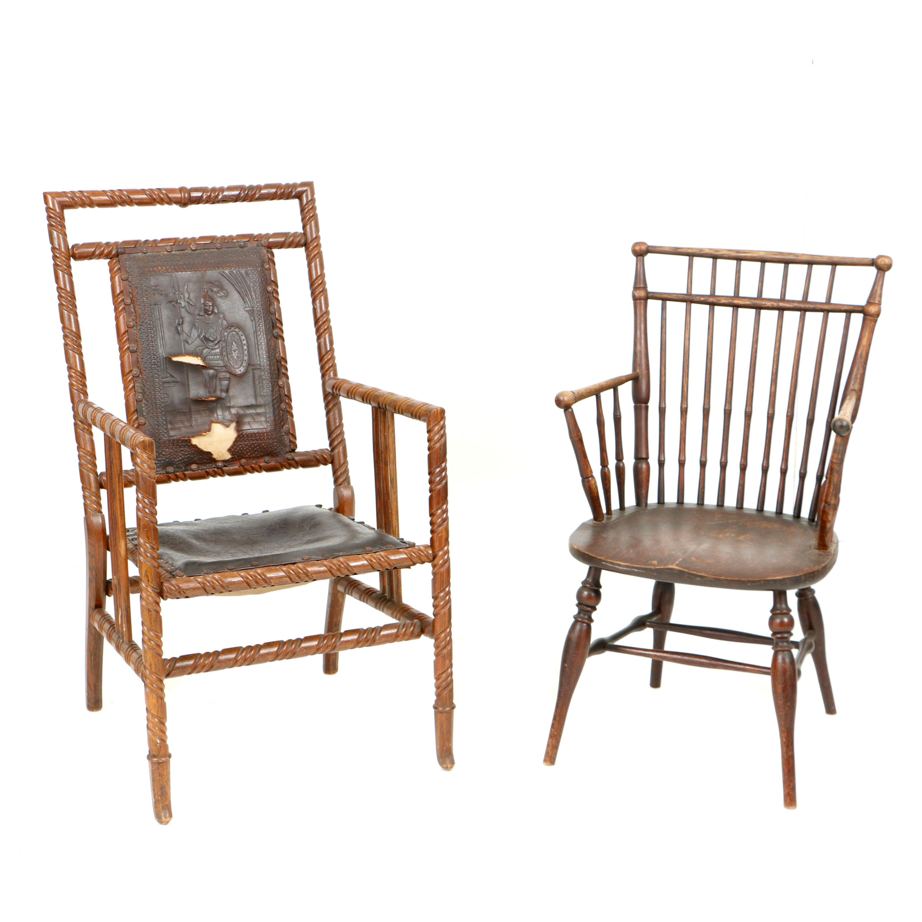 Early 20th Century Hunzinger-Style Armchair and Windsor Style Armchair