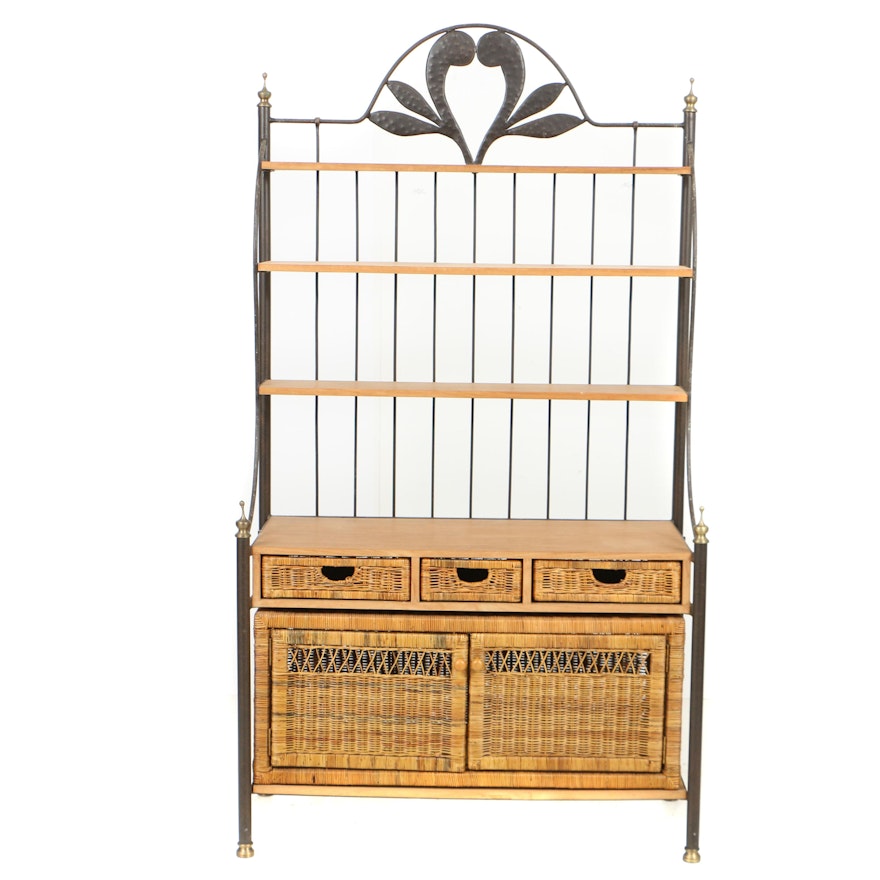 French Style Metal and Wicker Baker's Rack