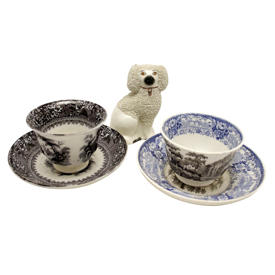 Staffordshire Poodle and Antique English Ironstone Cups and Saucers