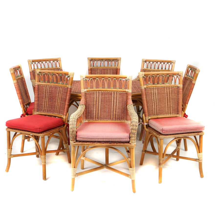 Vintage Wicker and Rattan Patio Dining Table with Eight Chairs