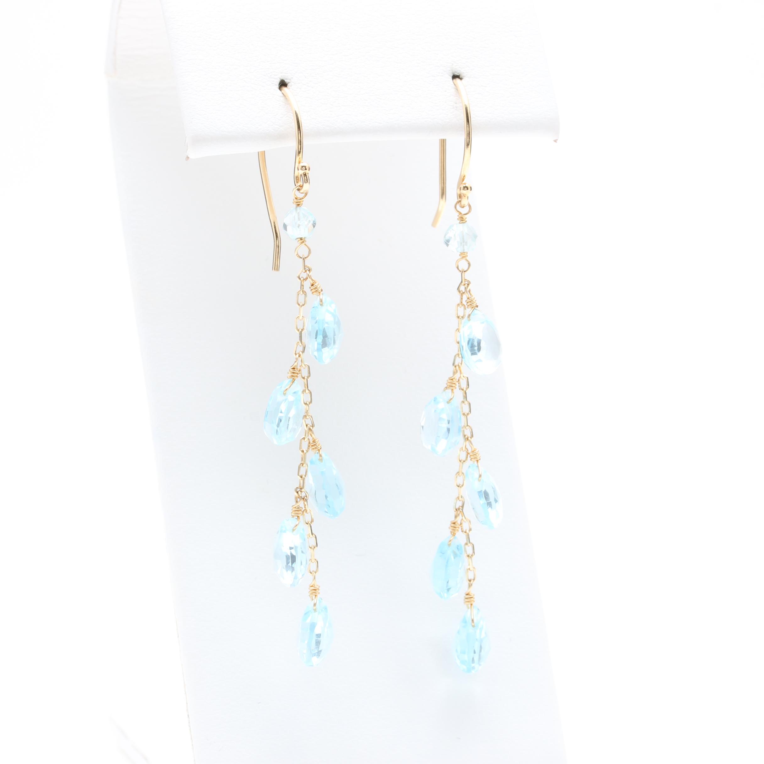 14K Yellow Gold Blue Topaz Drop Earrings