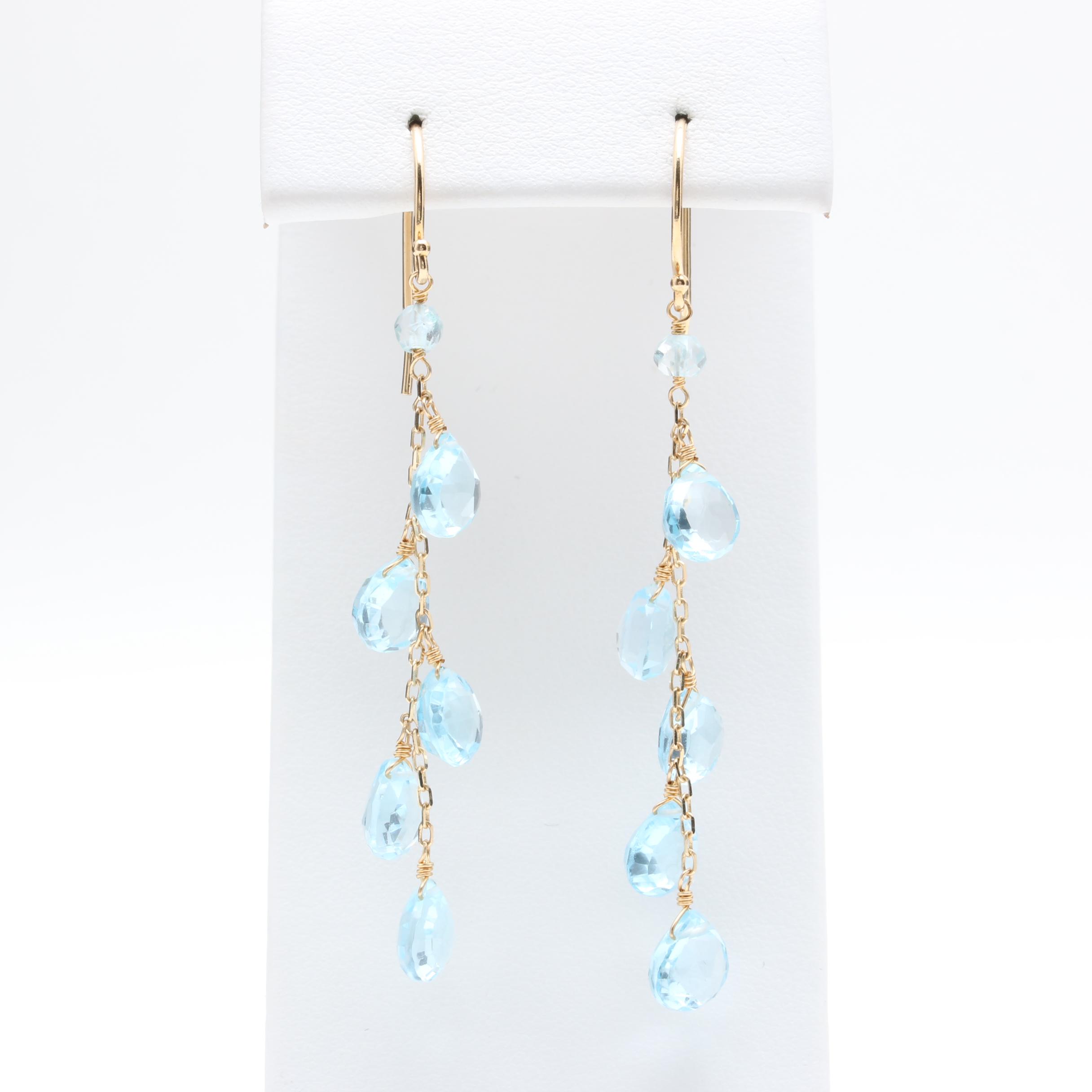 14K Yellow Gold Blue Topaz Drop Earrings
