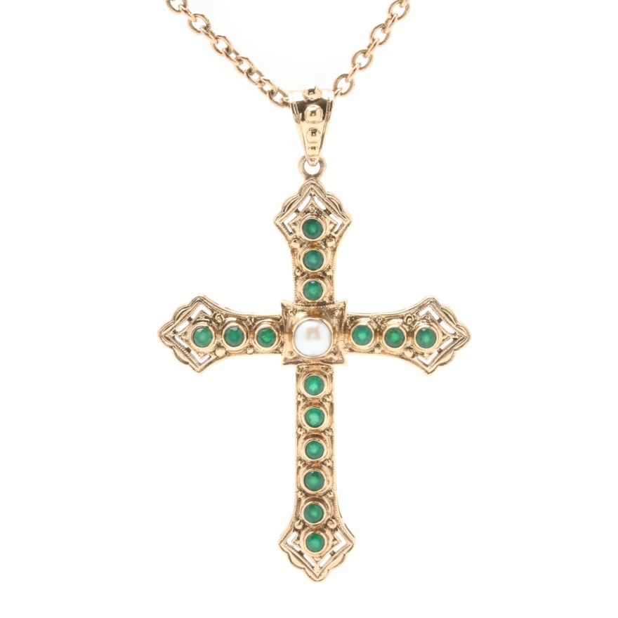 Nicky Butler Synthetic Emerald and Cultured Pearl Crux Gemmata Pendant Necklace