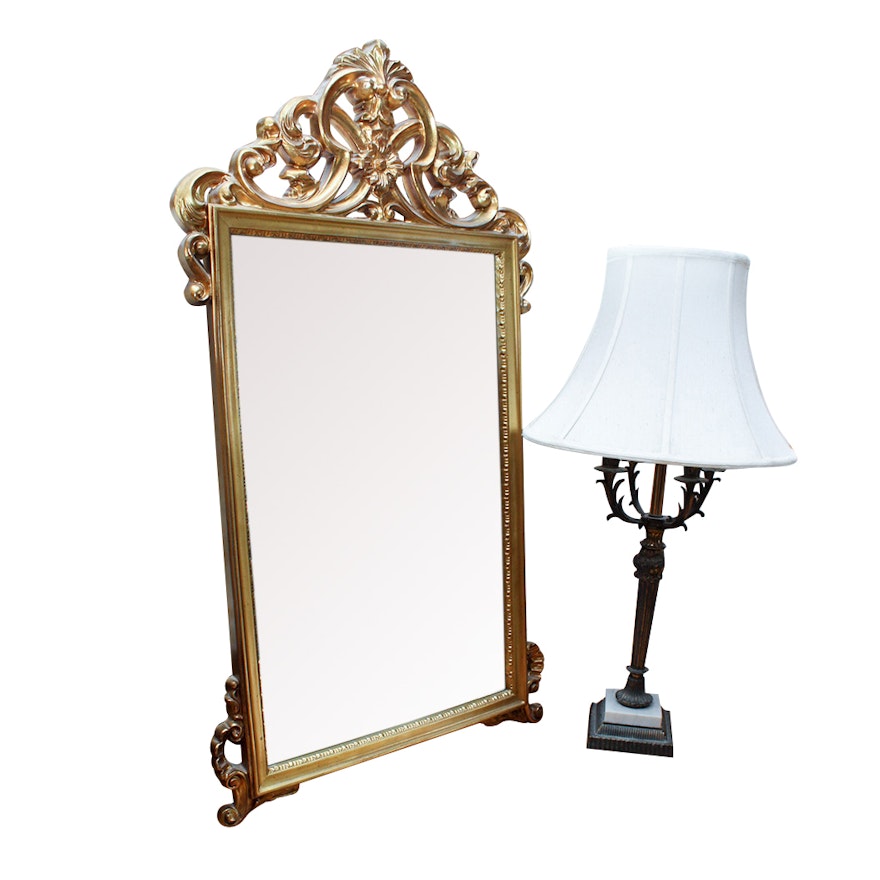 Neoclassical Style Wall Mirror and Table Lamp