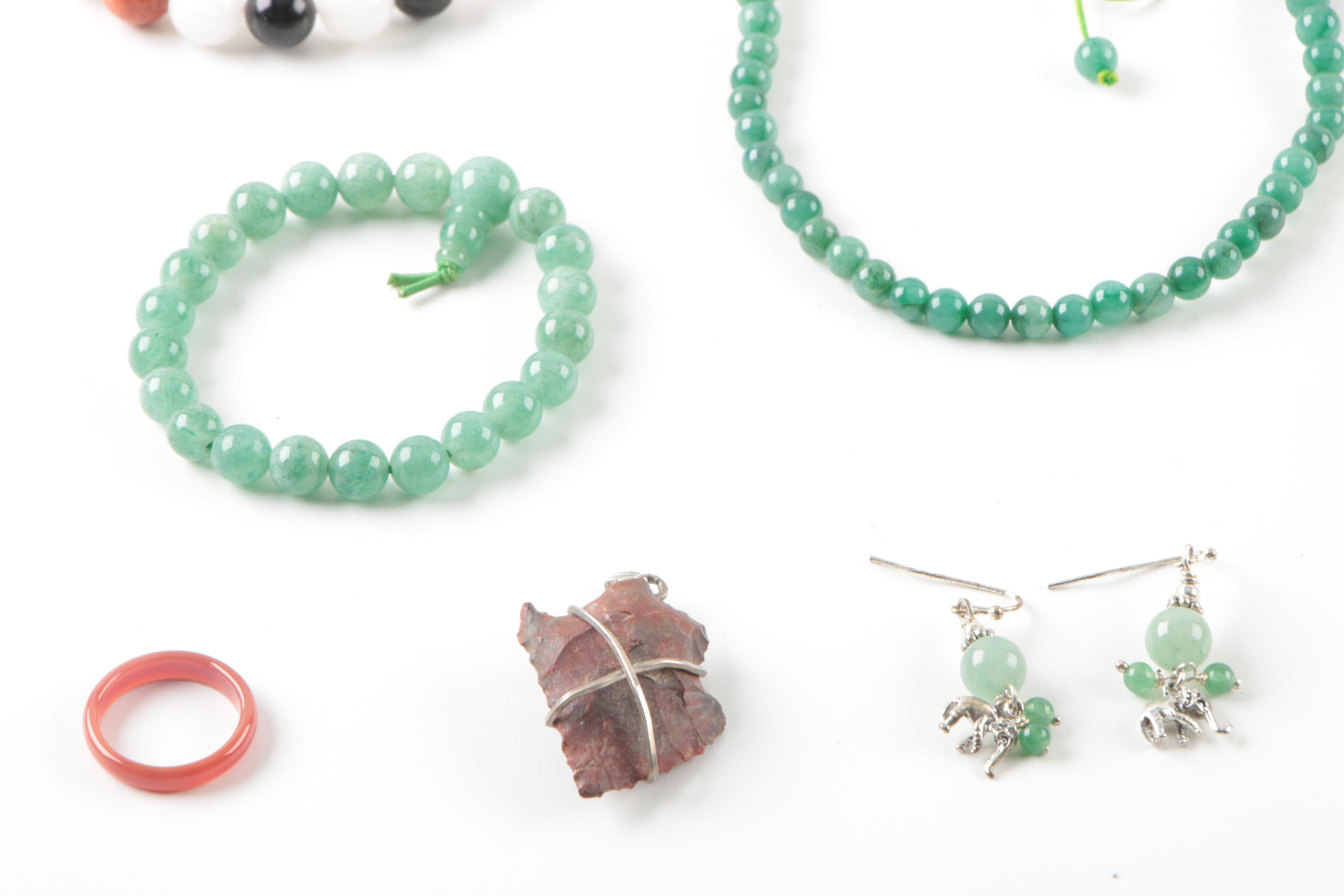 Jewelry Including Agate, Aventurine, Tiger's Eye and Murano Beaded Scarf