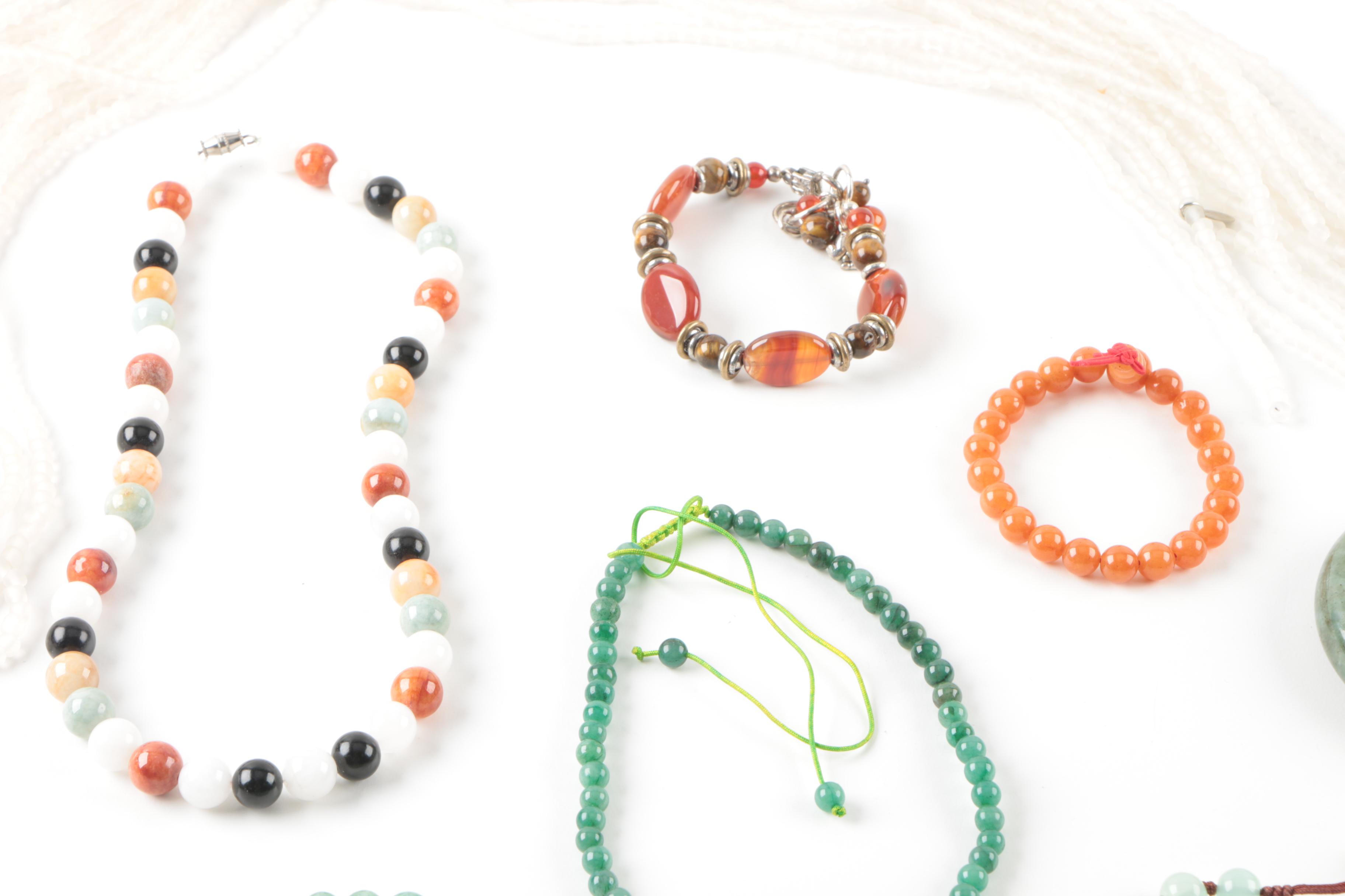 Jewelry Including Agate, Aventurine, Tiger's Eye and Murano Beaded Scarf