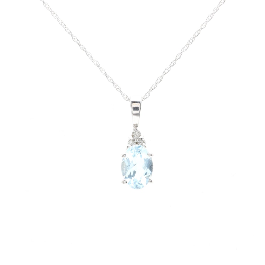 10K White Gold Aquamarine and Diamond Pendant Necklace