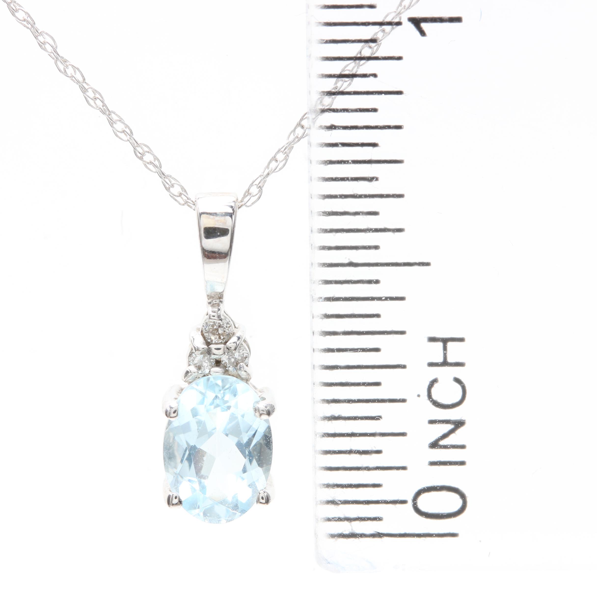 10K White Gold Aquamarine and Diamond Pendant Necklace