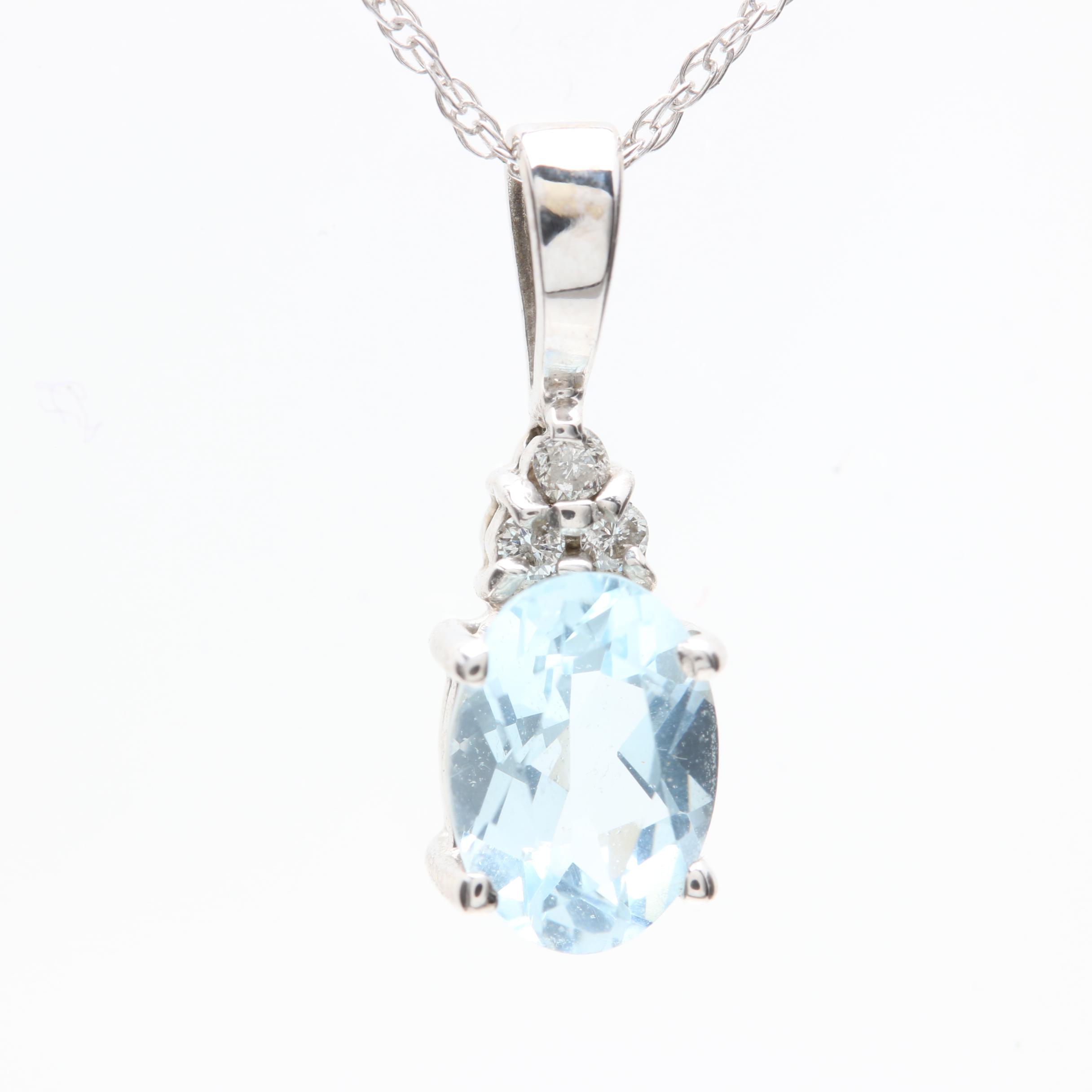 10K White Gold Aquamarine and Diamond Pendant Necklace