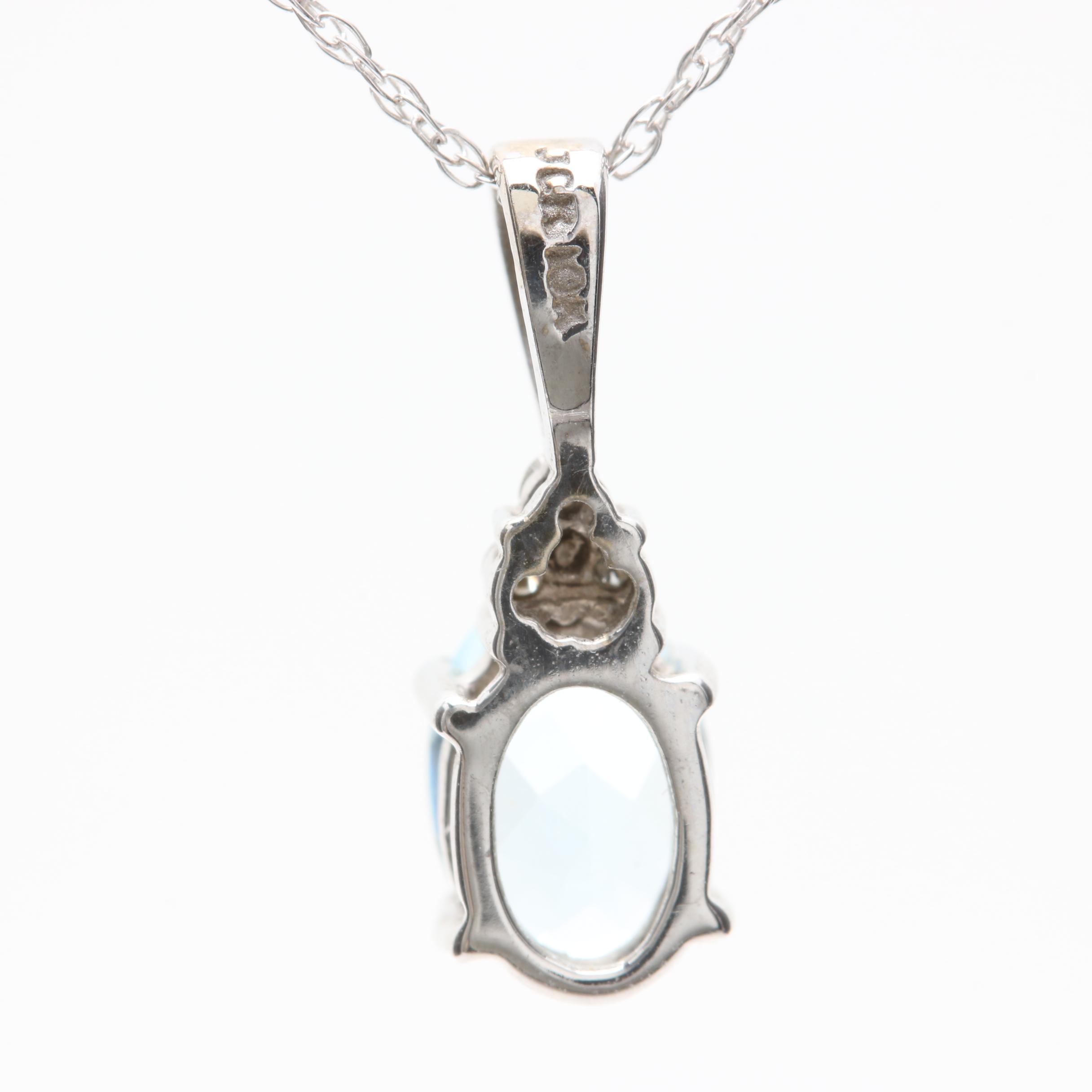 10K White Gold Aquamarine and Diamond Pendant Necklace