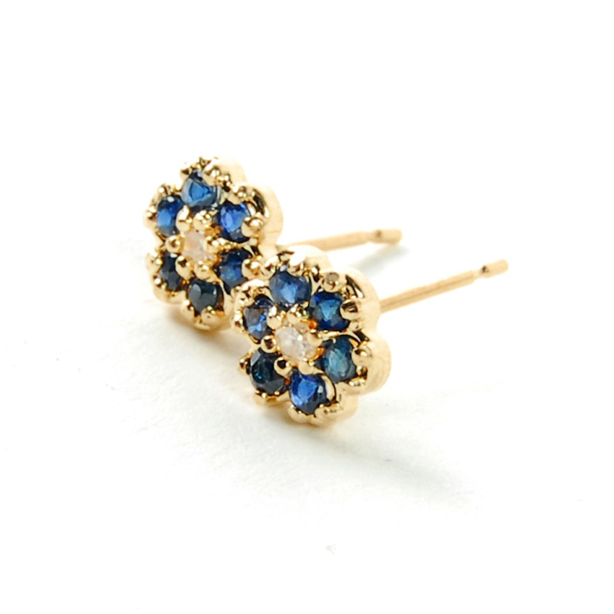 14K Yellow Gold Sapphire and Diamond Flower Earrings