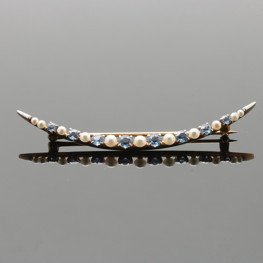 Edwardian 14K Yellow Gold and Platinum Sapphire and Seed Pearl Crescent Brooch
