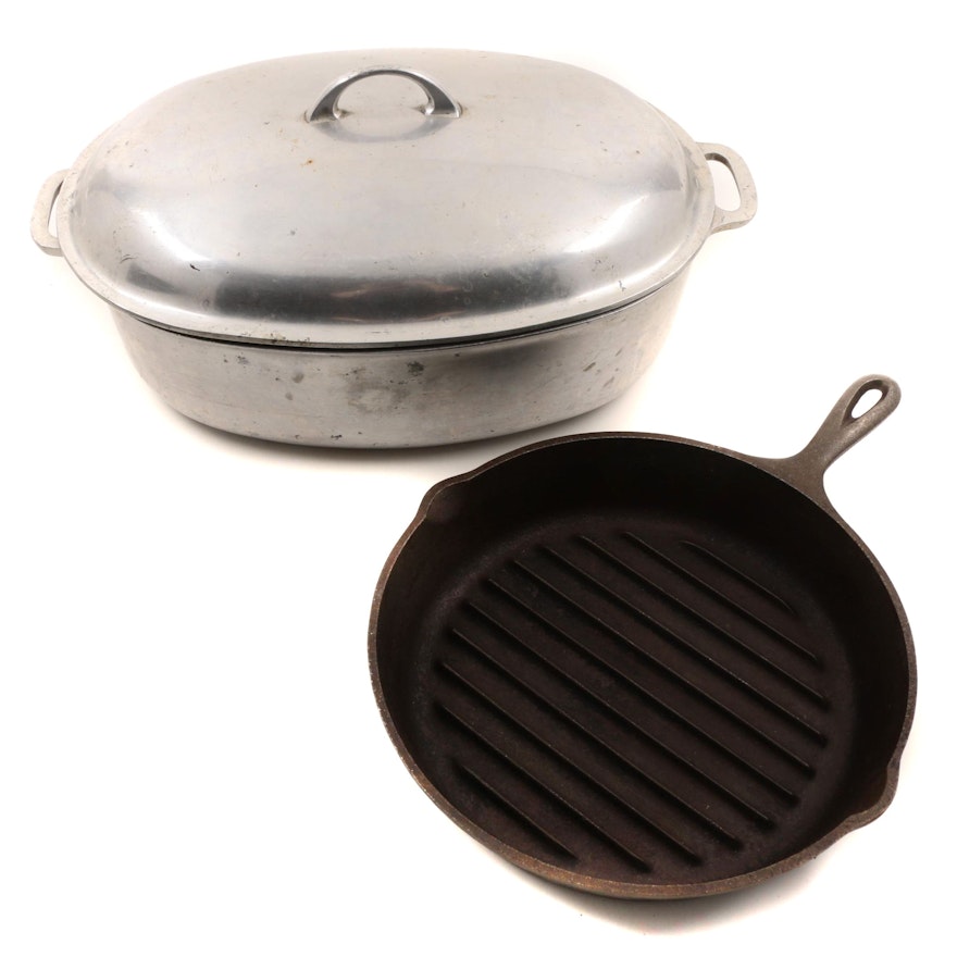 Griswold Oval Roasting Pan with Lid and Lodge Cast Iron Skillet