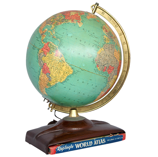 Vintage Illuminated Globe with "Replogle World Atlas" Book