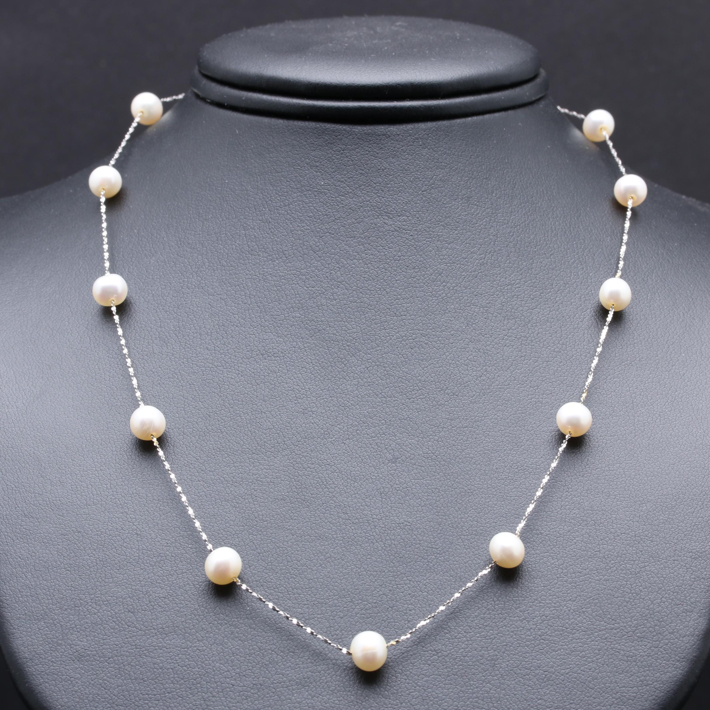 18K White Gold Cultured Pearl Station Necklace