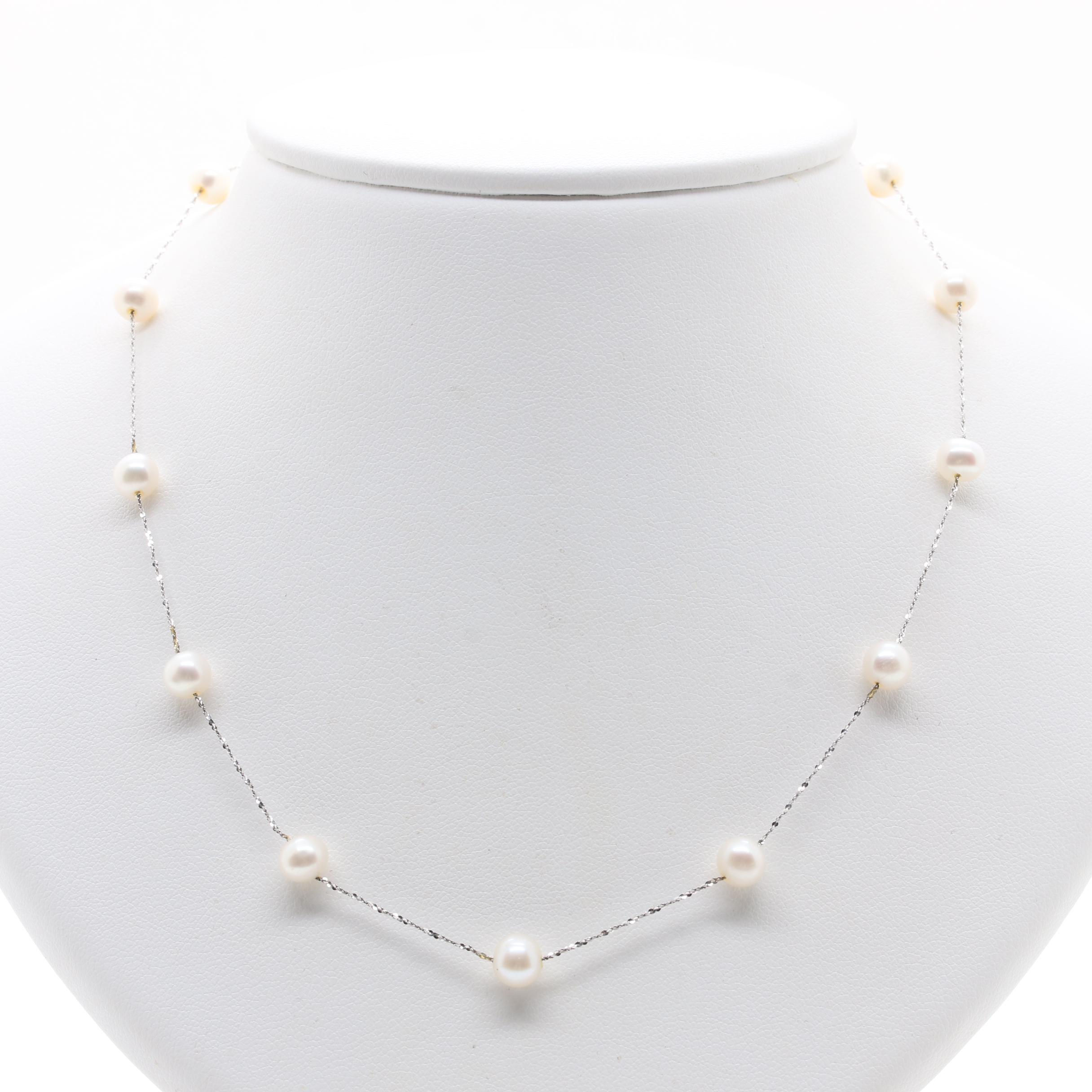 18K White Gold Cultured Pearl Station Necklace
