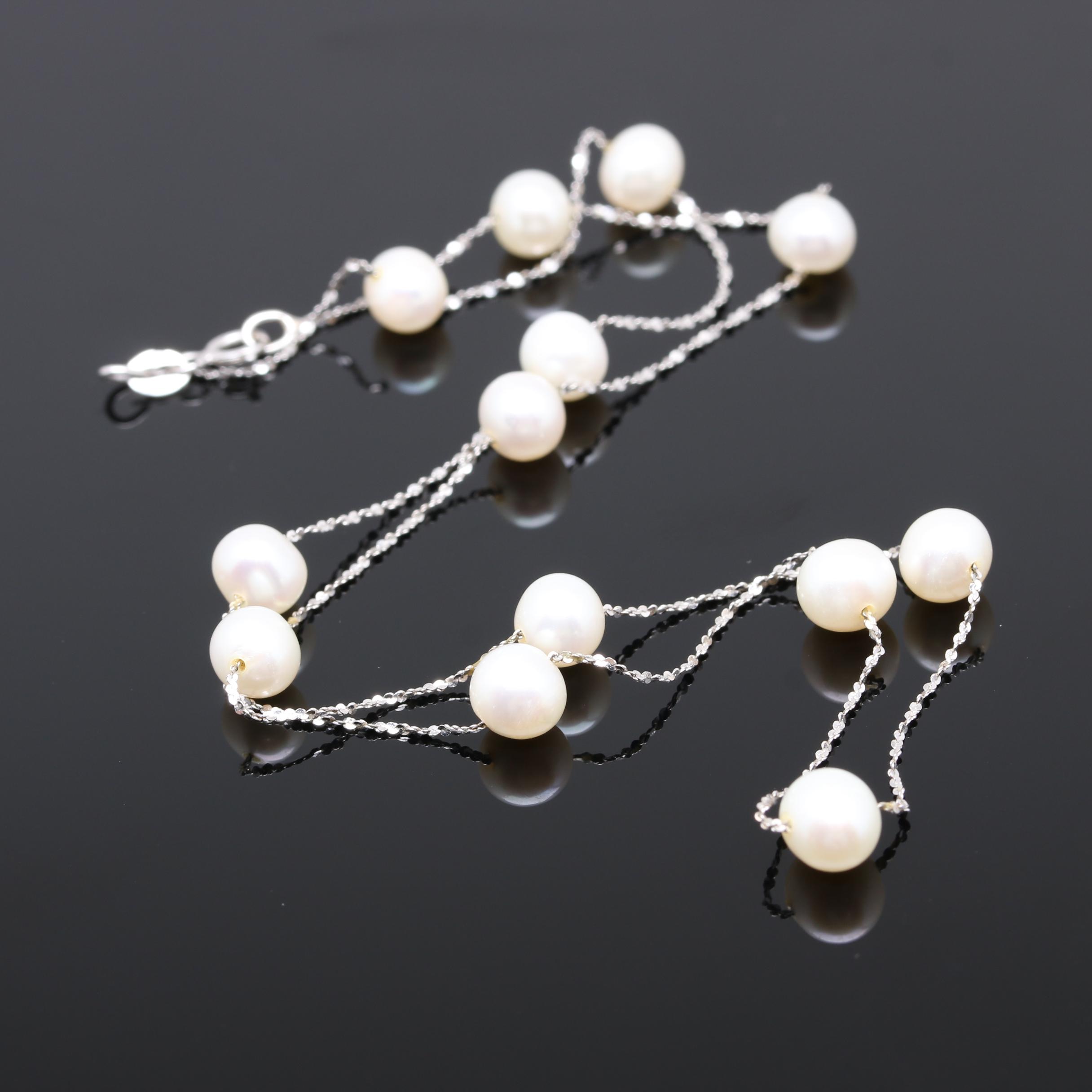 18K White Gold Cultured Pearl Station Necklace
