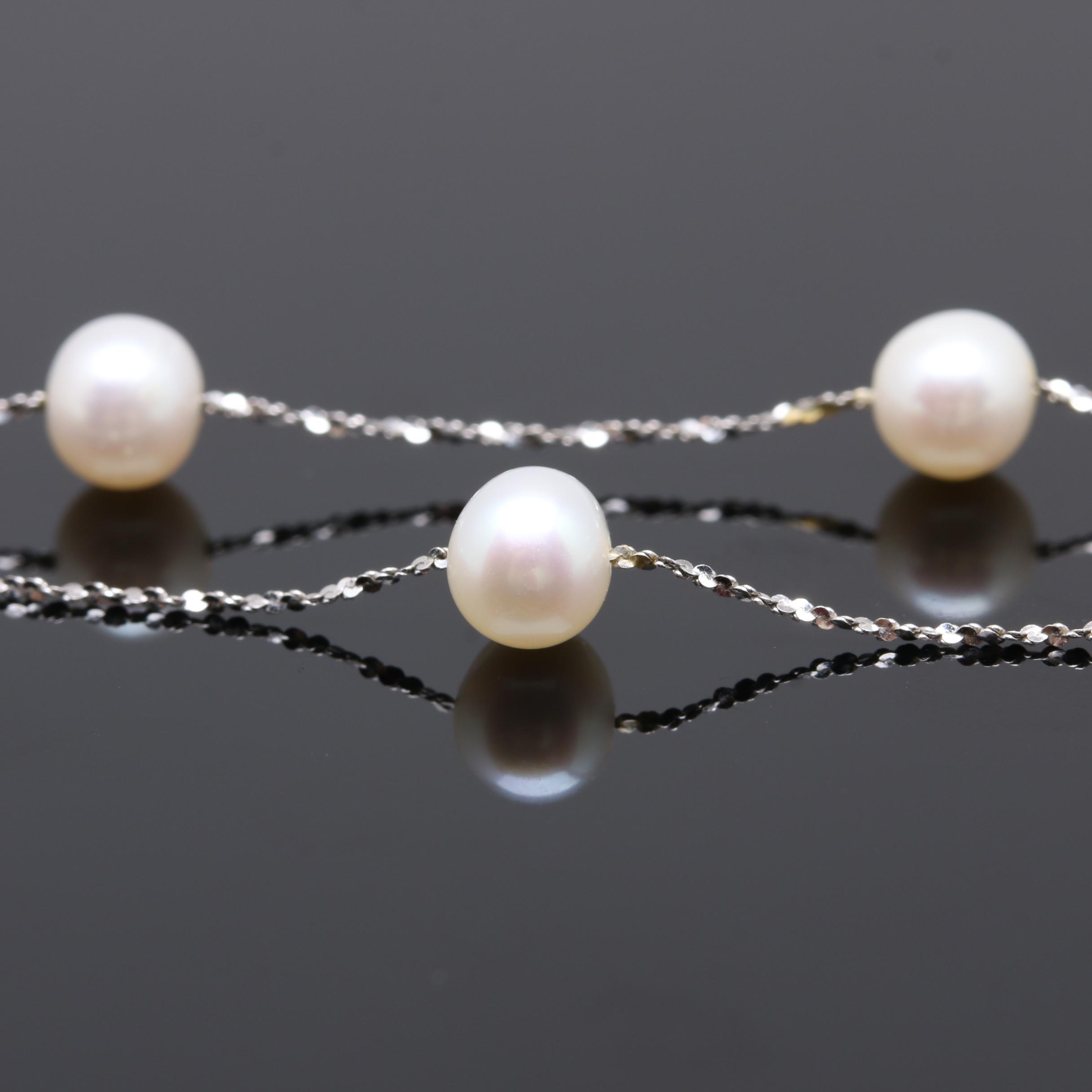 18K White Gold Cultured Pearl Station Necklace