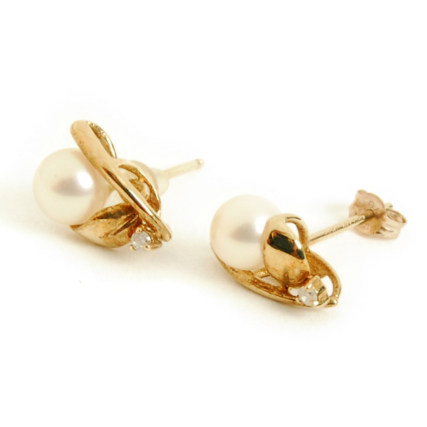 14K Yellow Gold Pearl and Diamond Stud Earrings