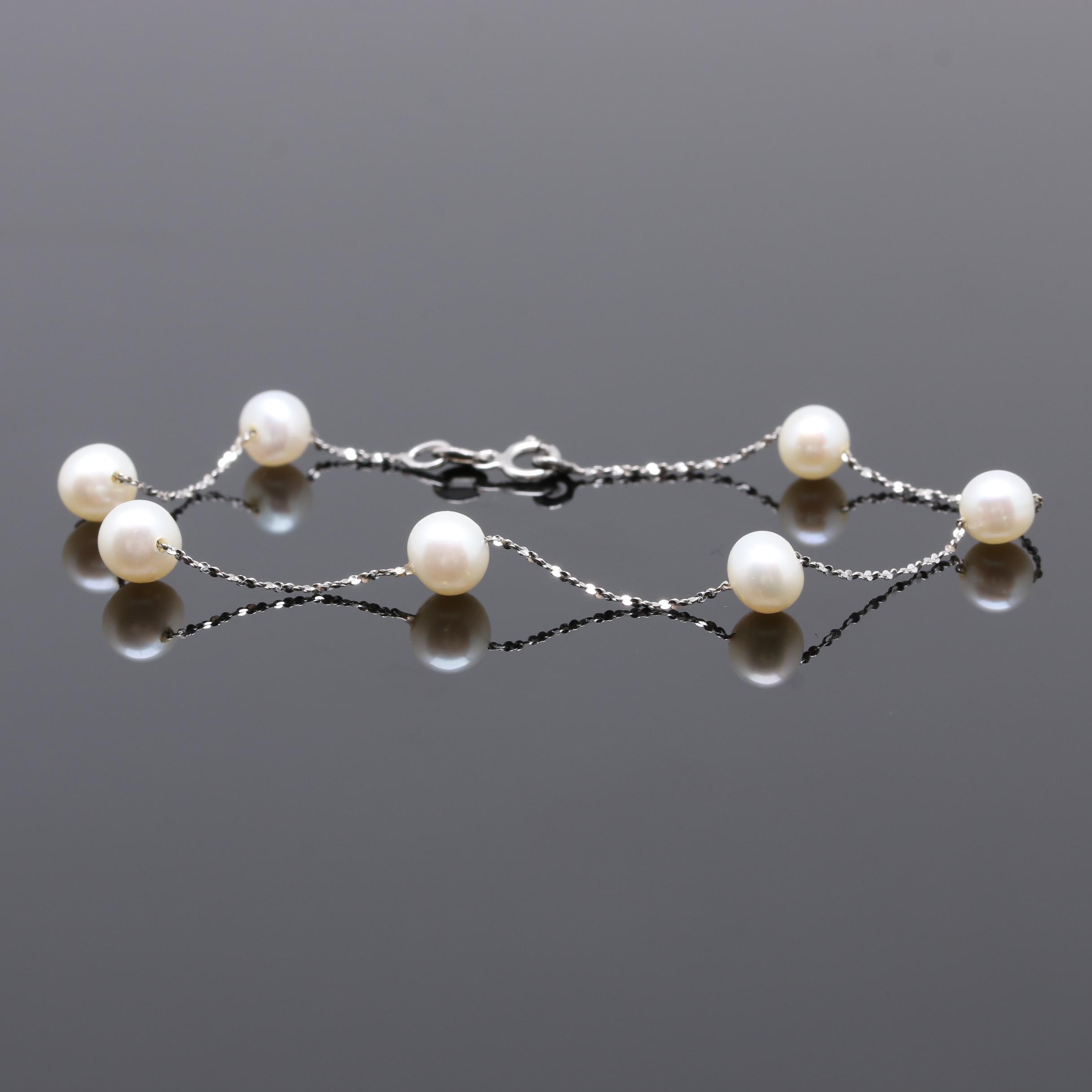 18K White Gold Cultured Pearl Seven Station Bracelet