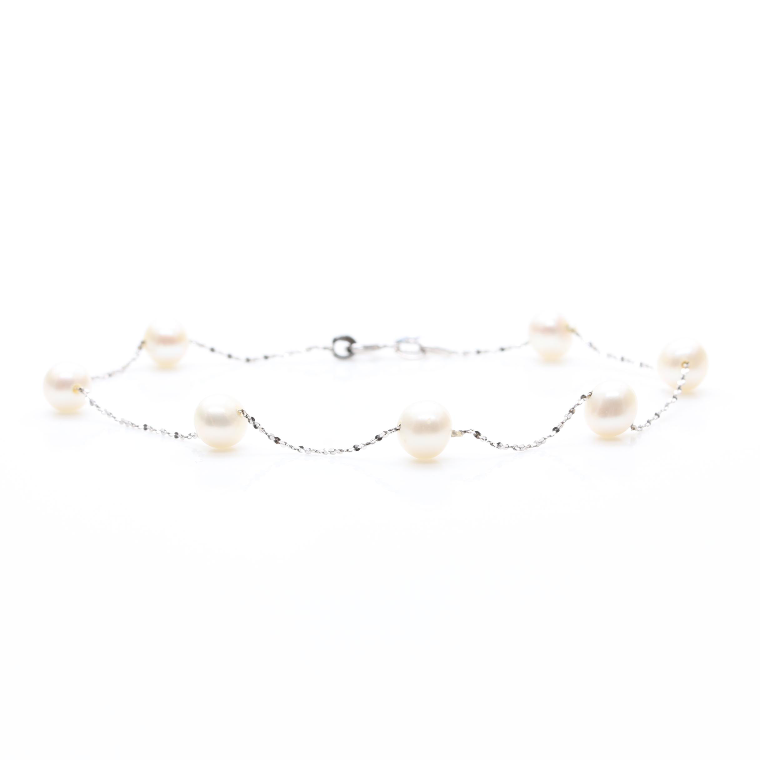 18K White Gold Cultured Pearl Seven Station Bracelet
