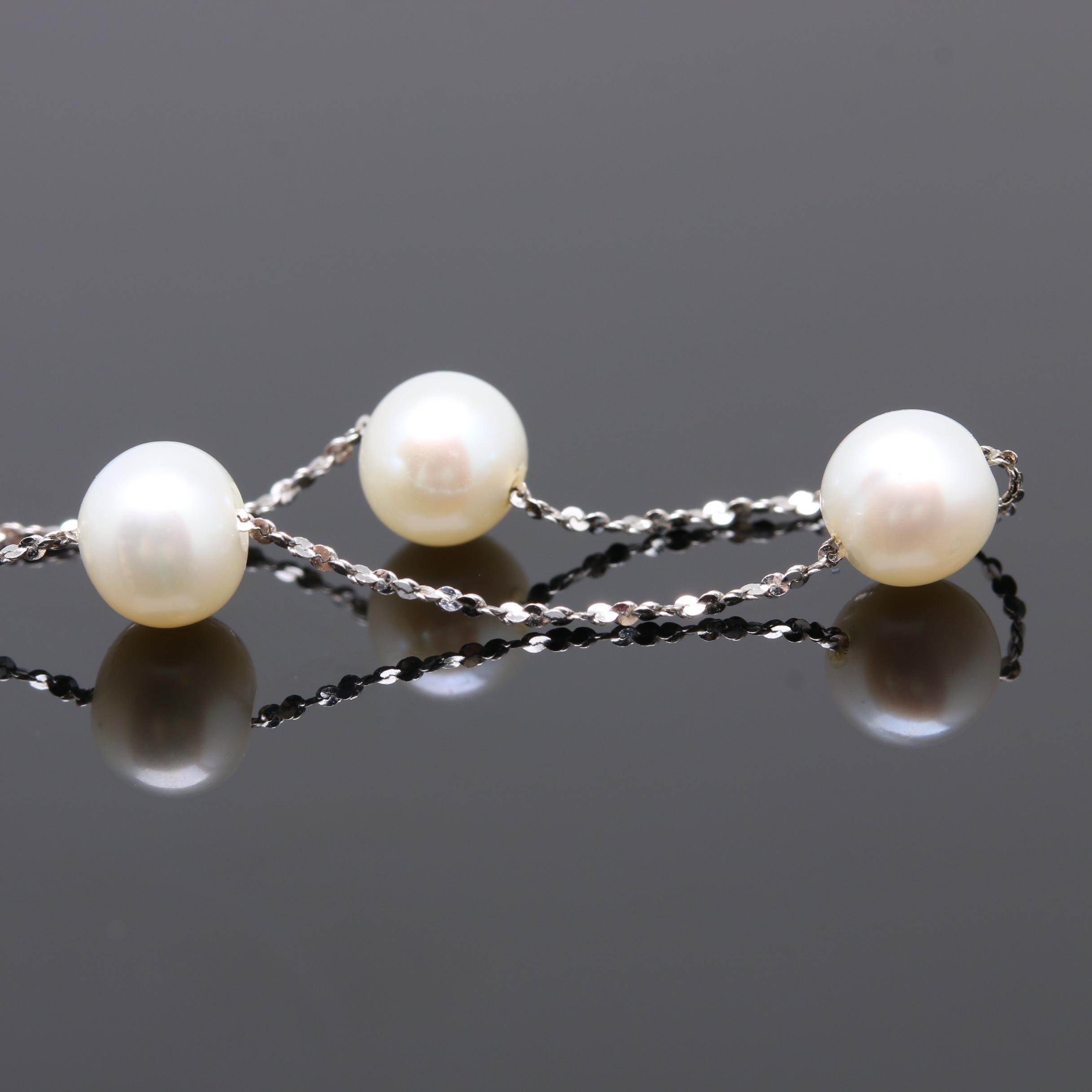 18K White Gold Cultured Pearl Seven Station Bracelet