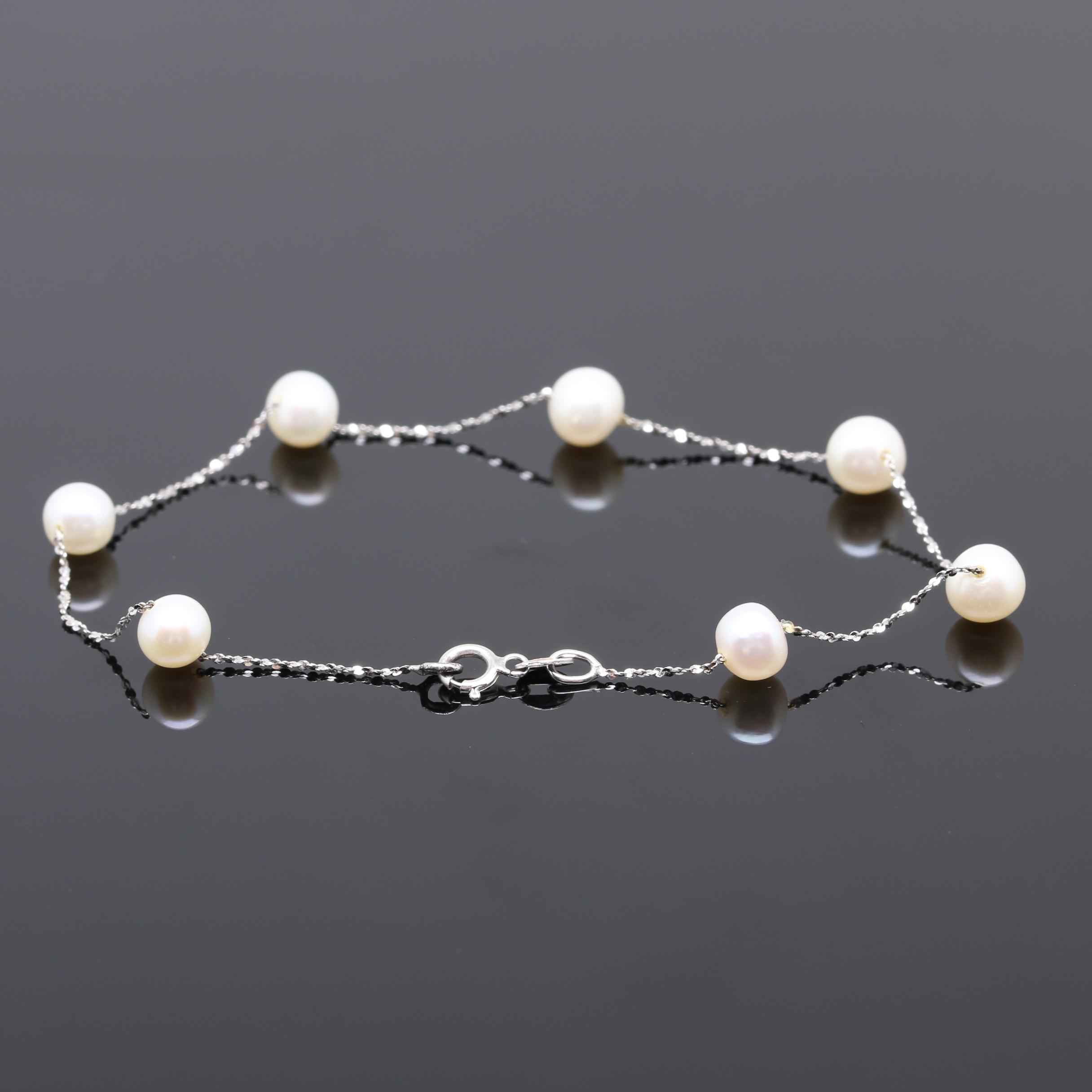 18K White Gold Cultured Pearl Seven Station Bracelet