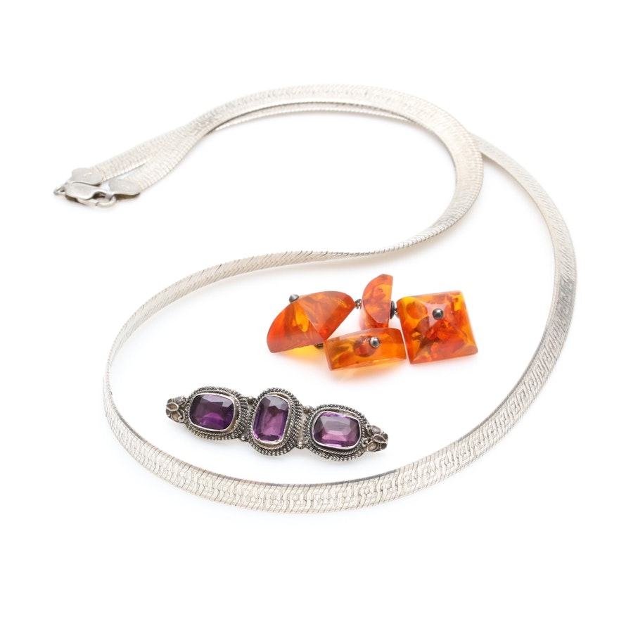 Sterling Silver and 875 Silver Amber and Glass Necklace, Brooch and Cufflinks
