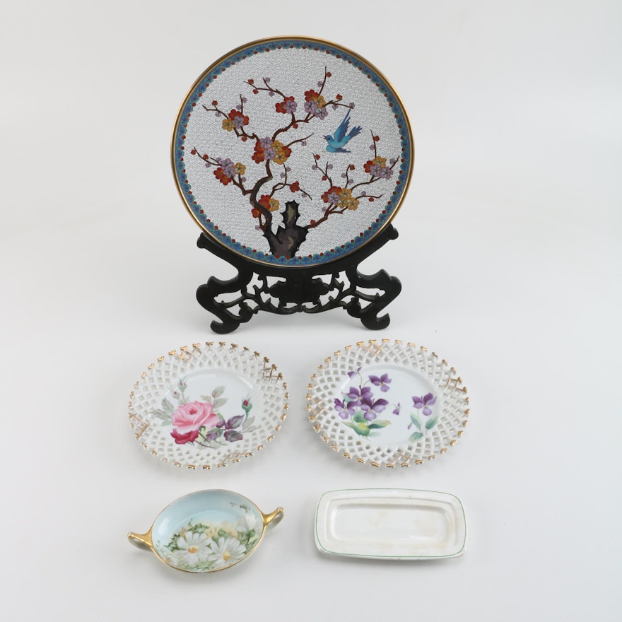 Chinese Cloisonné Plate with Lefton and Hobbyist Painted Porcelain