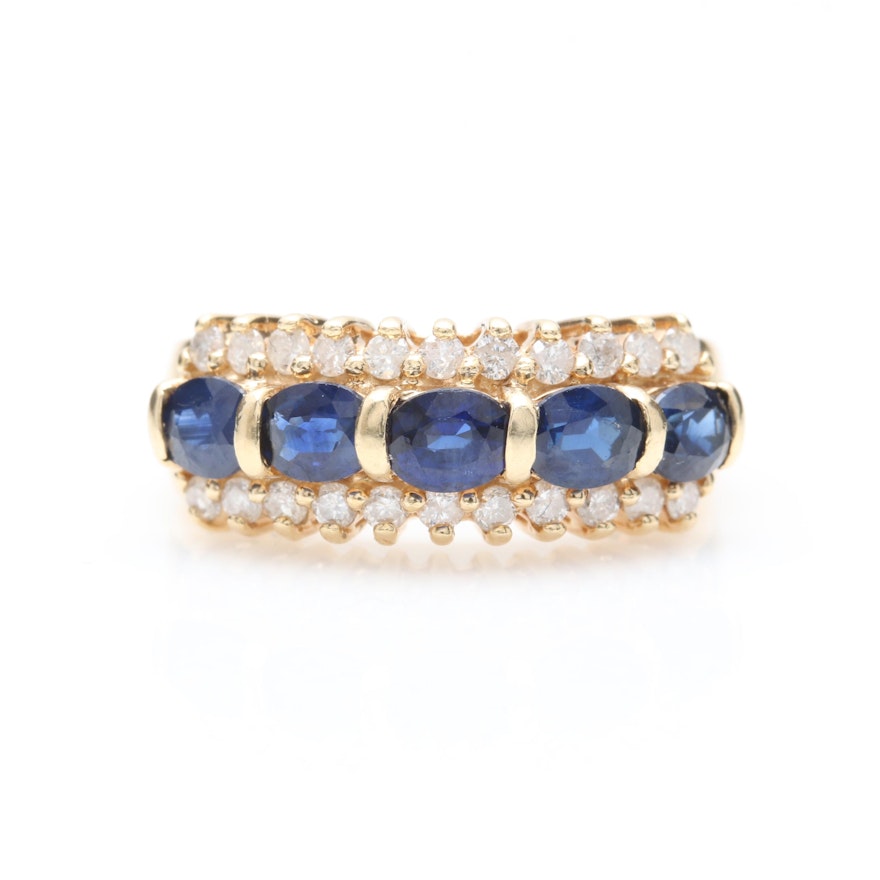 14K Yellow Gold Blue Sapphire and Diamond Ring