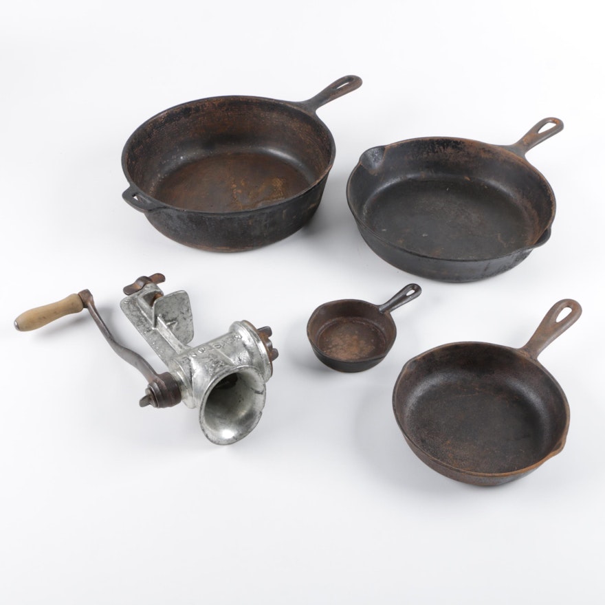 Cast Iron Skillets Including Griswold and a Meat Grinder