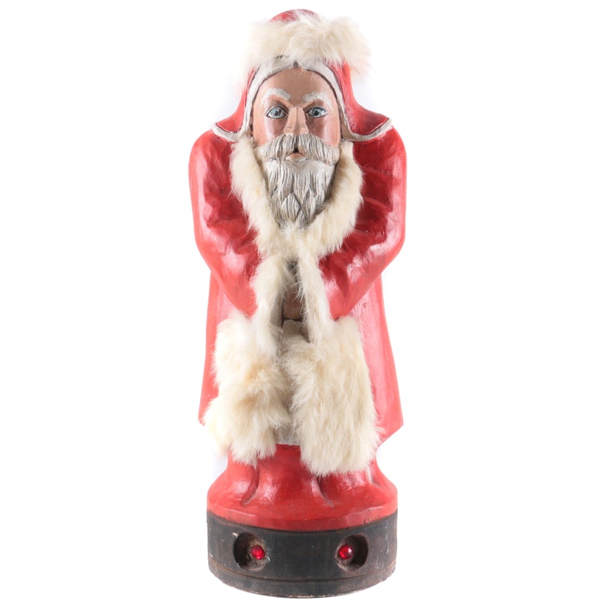 Vintage Hand Carved Wooden Santa with Fur Trim