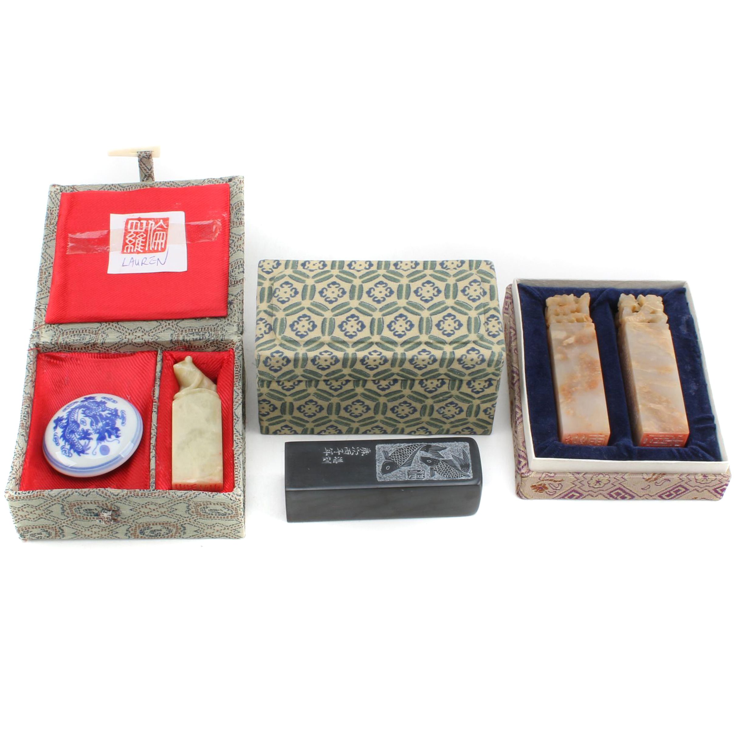 Chinese Carved Soapstone Stamps with Red Paste Ink