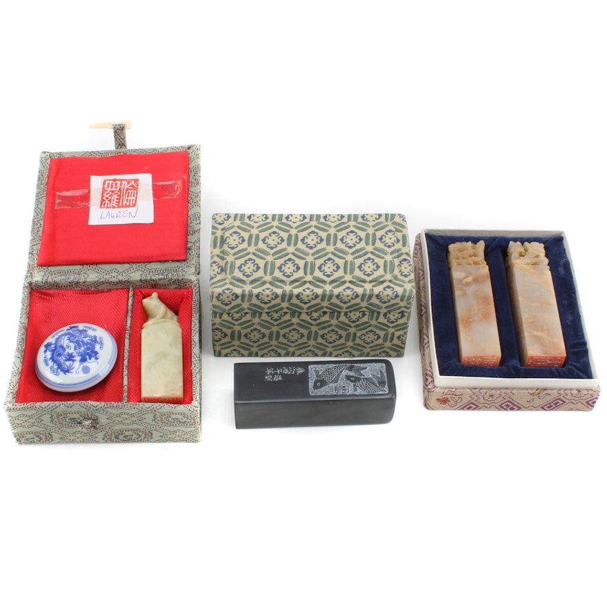 Chinese Carved Soapstone Stamps with Red Paste Ink