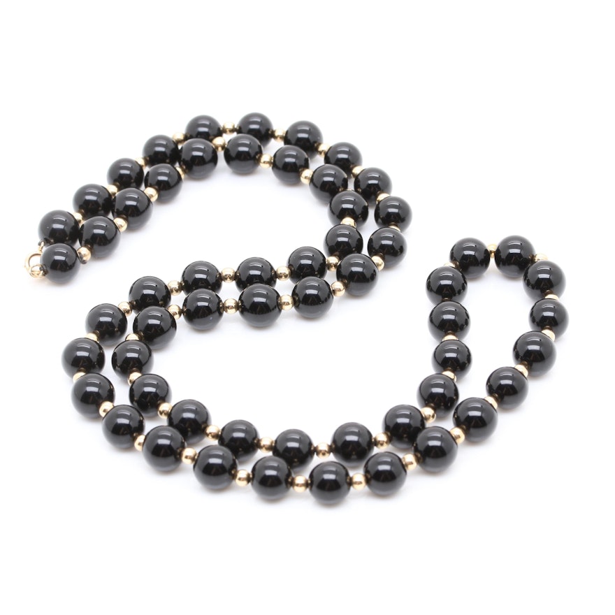 14K Yellow Gold Black Onyx Beaded Necklace