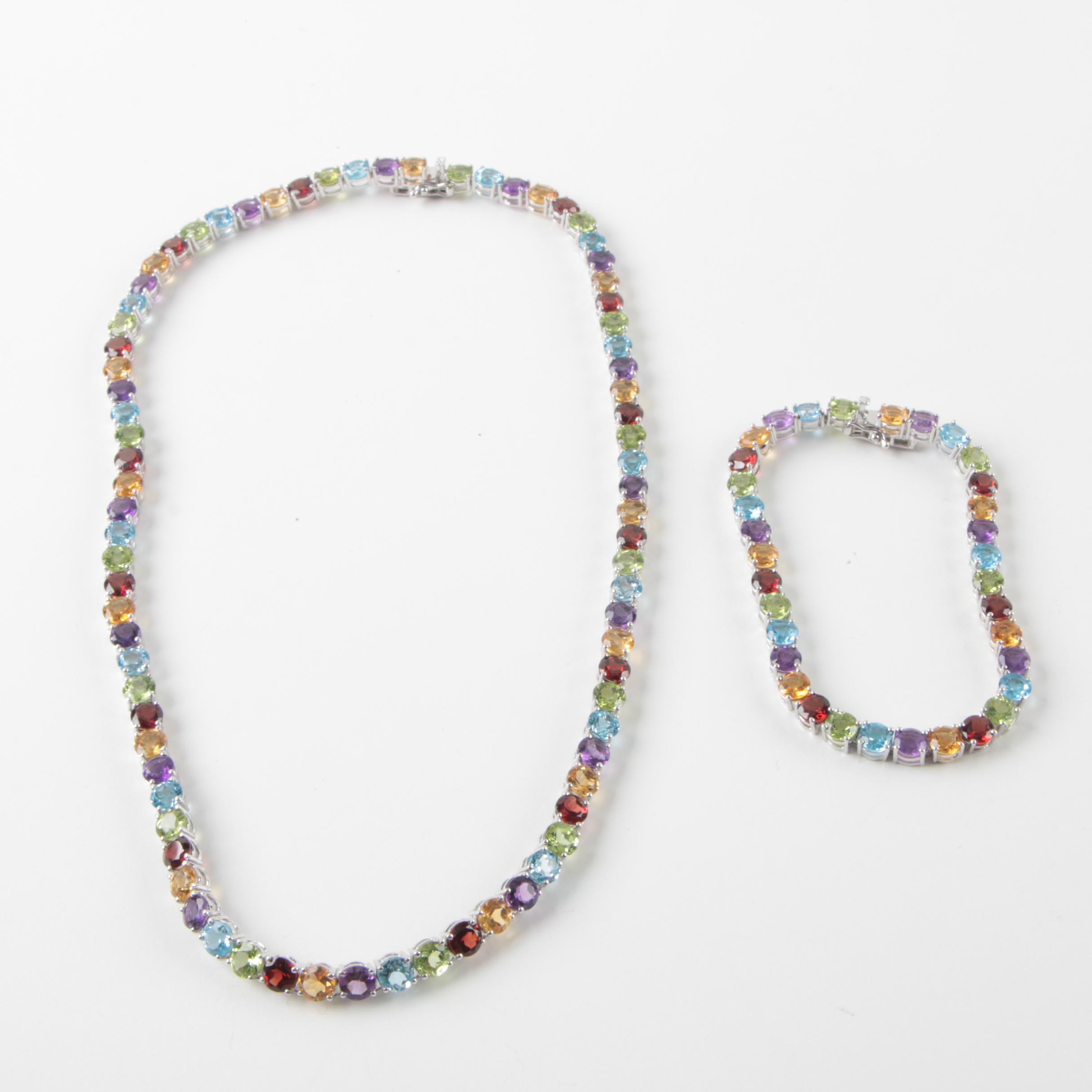 Sterling Silver Gemstone Necklace and Bracelet Including Peridot