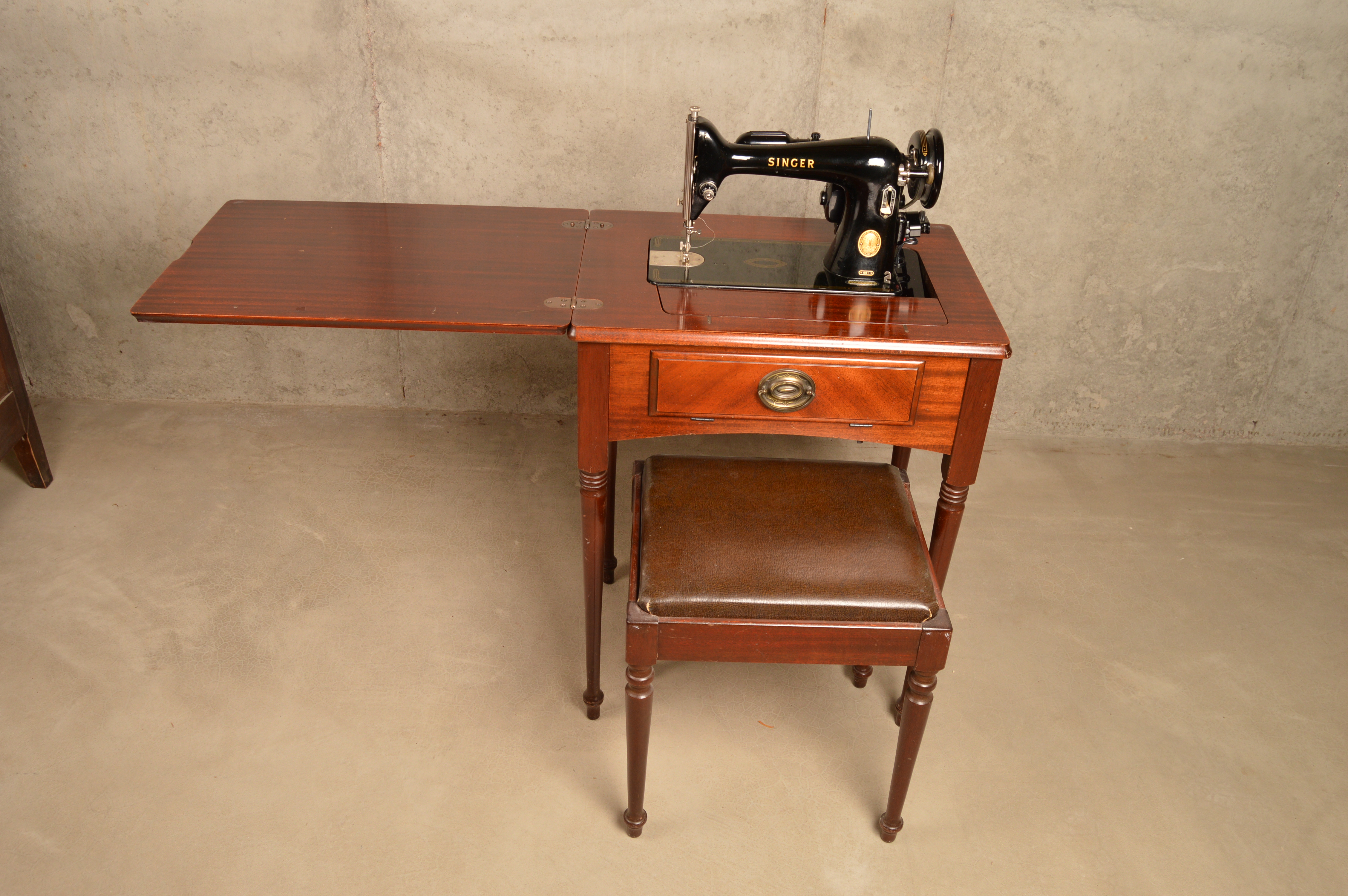 Singer Sewing Machine with Cabinet and Bench, Circa 1955