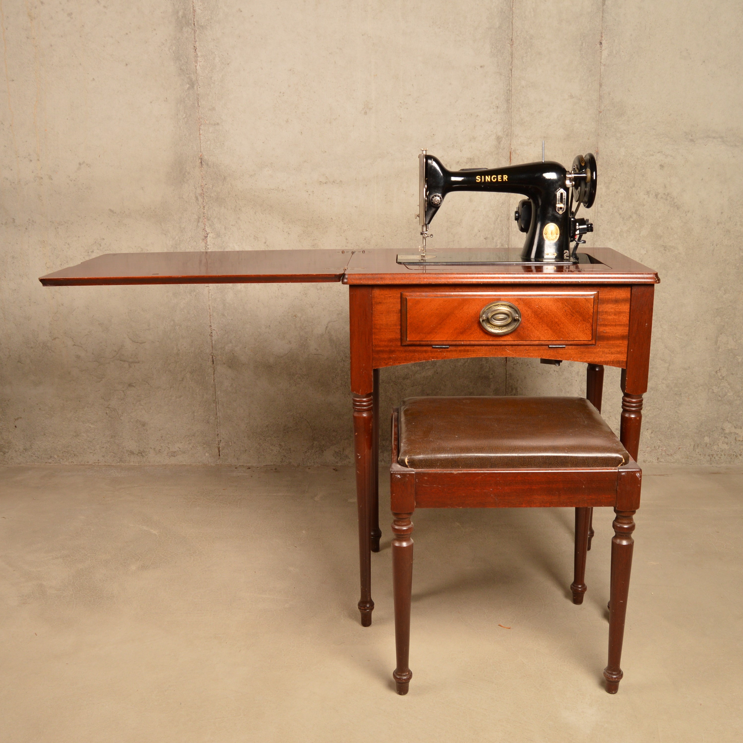 Singer Sewing Machine with Cabinet and Bench, Circa 1955