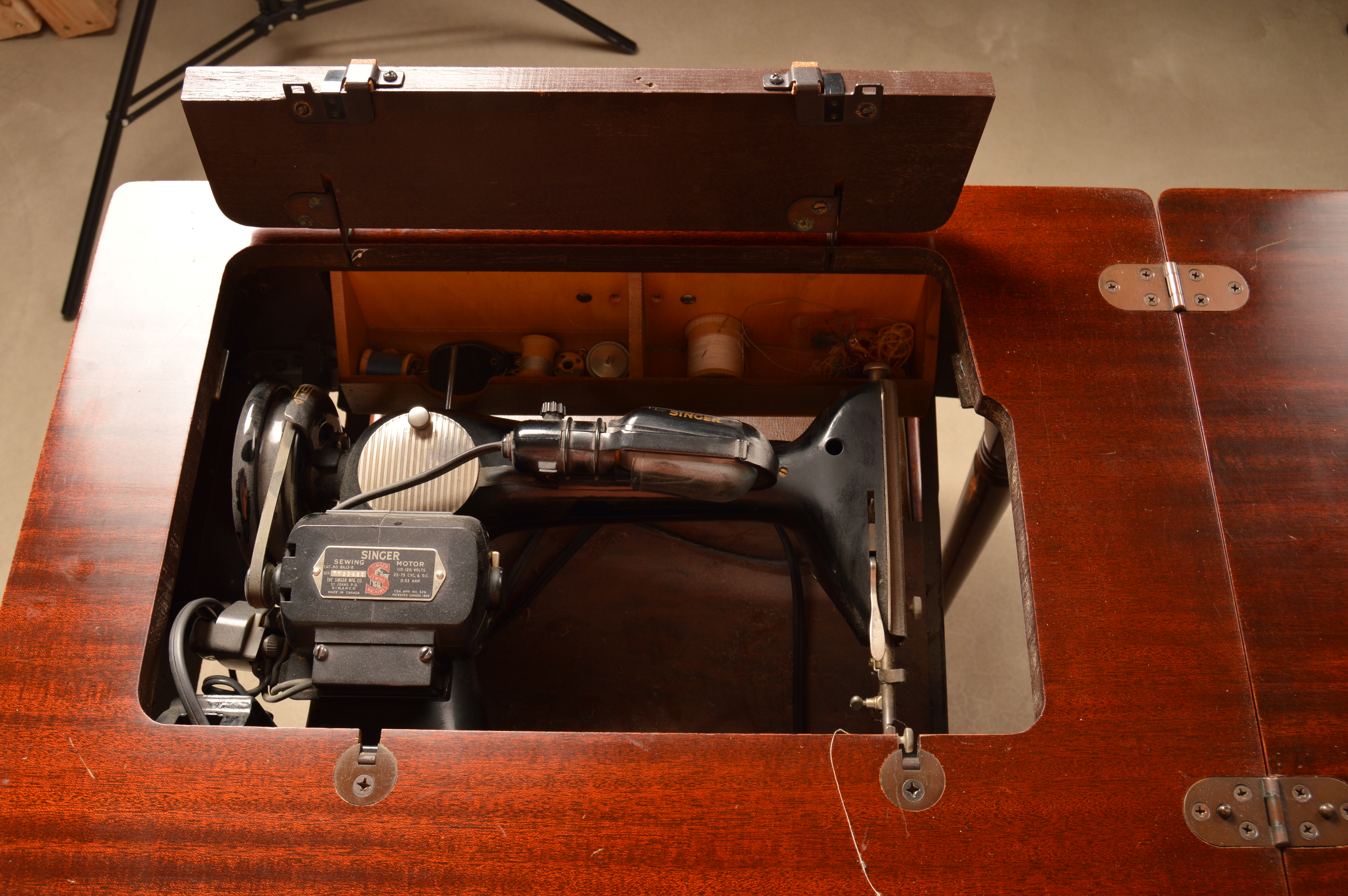 Singer Sewing Machine with Cabinet and Bench, Circa 1955